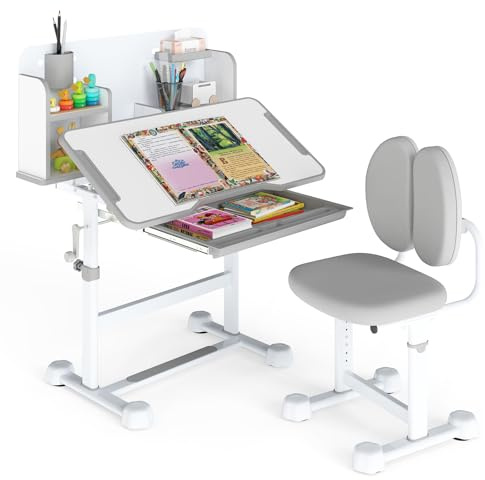 Maxmass Kids Table and Chair Set, Height Adjustable Children Desk and Chair with Tilt Desktop, Drawer, Storage Shelves, Pen Slot, Student Learning Studying Table for Writing Reading Drawing (Grey)