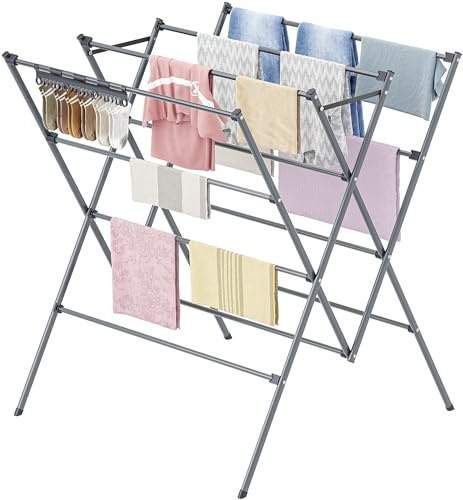 HOMIDEC Clothes Airer, Foldable Clothes Drying Rack with Sock Clips, Space Saving Clothes Horse, Stainless Steel Laundry Drying Rack Airer for Indoor Outdoor Use, Grey