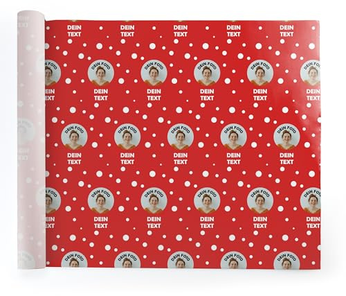 Geschenkpapier personalisiert – zu Geburtstag, Weihnachten, Hochzeit selbst gestalten – mit Foto und Name – Rolle: 47 cm breit, ab 1 m lang – (Motiv 6 - Rot-Weiß)