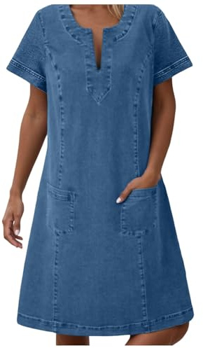 Robe en jean décontractée élégante pour femmes, sans manches, style droit, été, col rond, avec poches, mini jupe-culotte 2025 pour occasion semi-formelle, bleu, L