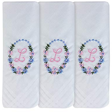 3er Pack Damen/Damen bestickt Initialen Taschentücher mit weißem Satin Rand, L
