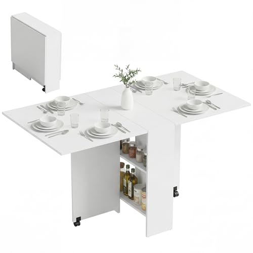HOMCOM Mesa Plegable de Comedor Mesa de Cocina Plegable con Ruedas Alas Abatibles y Estantes para 4-6 Personas 75x140x74 cm Blanco