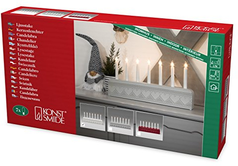 Konstsmide Holzleuchter mit Struktur, weiß lackiert, 7 klare Birnen, 230V, Innen, weißes Kabel - 3581-210