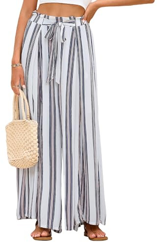 Simplee Women s Elegant Striped Split High Waisted Belted Flowy Wide Leg Pants White Stripe 1/7 Medium 8