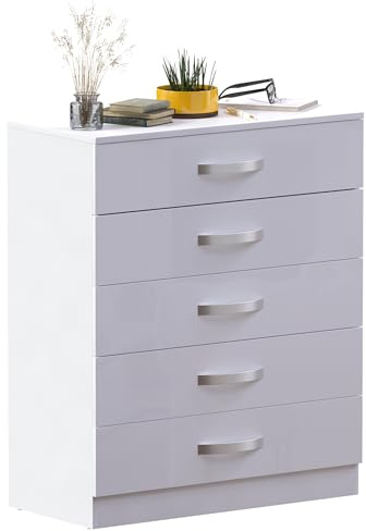 Vida Designs Hulio Comò 5 Cassetti in Alta Lucentezza, Bianco, 90 x 75 x 36 cm