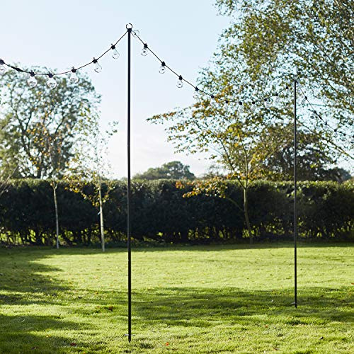 Lights4fun 2.75m Black Outdoor Metal Festoon Pole for Garden String Lights – Shepherds Hook with Stake, IP44 Weatherproof Steel Support Stand for Yard, Patio, Lawn, Garden, Wedding Decorations