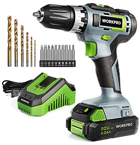 WORKPRO 20V Cordless Drill/Driver Kit, 3/8”, 18+2 Torque Setting, Variable Speed, 2.0 Ah Li-ion Battery and 1 Hour Fast Charger