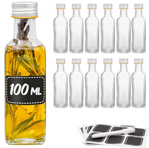 Praknu 12 Glasflaschen 100ml Schraubverschluss Flaschen zum Befüllen - 12 Etiketten mit Stift - Glas für Öl, Essig & Likör