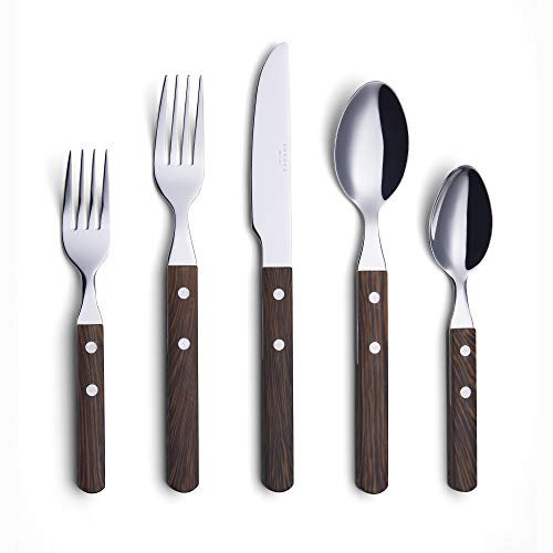 ANNOVA Set di posate da 20 pezzi, servizio per 4 persone, in acciaio inox, stile retrò/rivetto, in legno di noce, set di posate da cucina, include coltelli, forchette, cucchiai, forchette da insalata