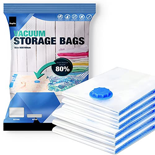KEPLIN Vacuum Storage Bags | Maximise Space and Store Clothes, Bedding, Towels, Duvet & Pillow | Space Saver Air Suction Bag with Secure Double Zip + Valve | 6 Pack X-Large (80cm x 100 cm)