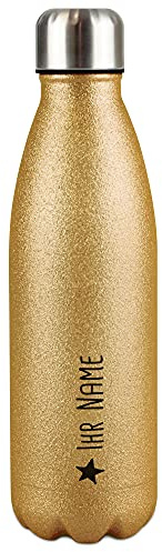 Glitzer-Trinkflasche aus Edelstahl selbst gestalten mit Name & Stern Symbol - Thermosflasche Glitzer, Wasserflasche BPA-frei für Reise, Schule und Sport I Personalisiertes Geschenk - Gold 500 ml
