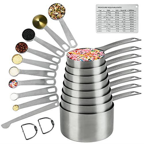 Hotsyang Juego de tazas y cucharas medidoras de acero inoxidable: tazas medidoras de acero inoxidable de 8, cucharas de 9, 1 nivelador, 1 tabla de conversión de medición para tazas medidoras de acero