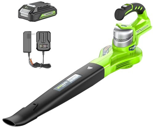 Greenworks 24V Akku-Laubbläser mit 2Ah Akku und Ladegerät, 140/200 km/h Zwei Geschwindigkeiten Akku-Gebläse