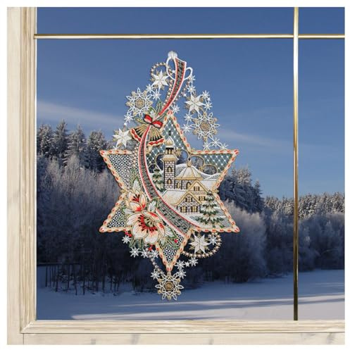 DSD Design-Studio Drechsler Weihnachts-Fensterbild Stern mit Kirche Fenster-Dekoration Advent Winterlandschaft aus Plauener Spitze rot 34x19 cm