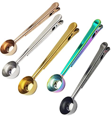 EdirFtra 5pcs Coffee Scoop Clip, Coffee Scoop with Bag Clip, Stainless Steel Measuring Spoon, Ground Coffee Sealer, Multicolor Long Handle Spoon Bag Clip, 5 Colors