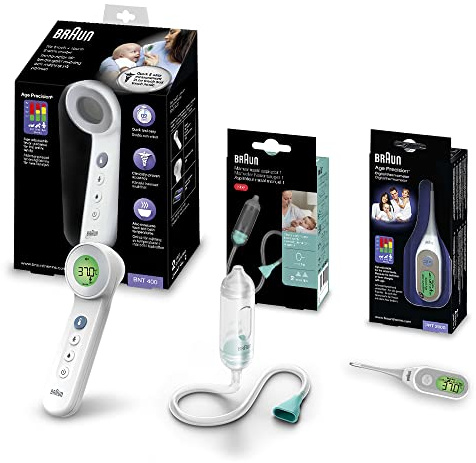 The Braun Healthcare Baby Kit - health essentials for use at home and on the go (No touch + touch forehead thermometer BNT400, Nasal aspirator BNT050, Stick thermometer PRT2000)