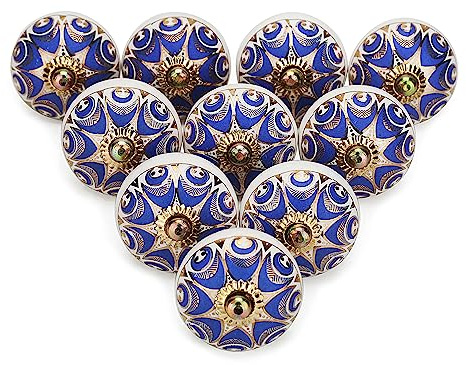 FURNISHFUL FINESSE Navy blau Keramikknöpfe für Küchenschrank-knauf, Vintage-Stil, Schubladen- und Kommodengriffe, Kleiderschrank, Boho-Raumdekoration, Möbelbeschläge, blau Türknöpfe - 10 Stück