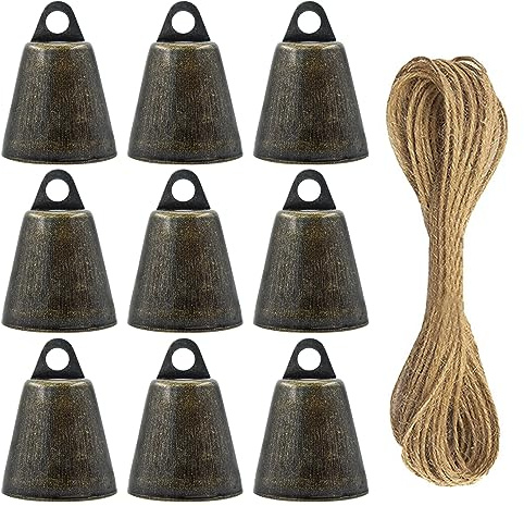 MrMrKura 9 Stück Bronze Vintage Glöckchen (3,7 x 2,5 cm) Mini-Glöckchen zum Basteln, Kuhglocke an Juteseil Weihnachtsglocke als Dekoration für das Hunde Toilettentraining (9)
