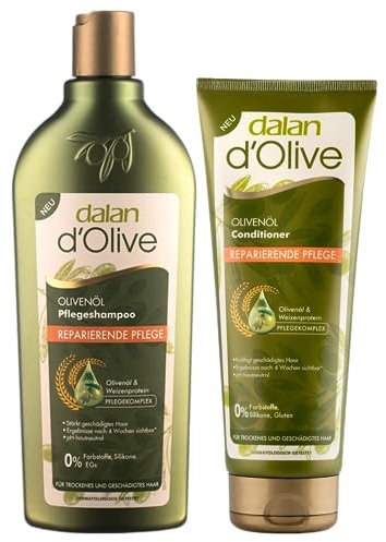 DALAN Kit per la cura dei capelli, riparazione con olio d'oliva e proteine di grano, shampoo e balsamo senza parabeni, vegano, pH neutro, dermatologicamente testato, 400 ml e 200 ml