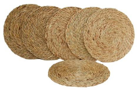 Luxury Look Handmade 6PCS Reed Round Table Mats Set, 8inch Woven Placement Rush Eco-friendly Dining Table Decor Coasters Mats Pack