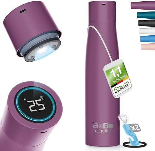 BoBo Studios® 500ml Smart Bottle Trinkflasche Isolierflasche aus Edelstahl, UVC Sterilisation gegen Bakterien Viren, 24 Std kalt, 12 Std heiß, Trinkerinnerung, Display, selbstreinigend, inkl. Zubehör