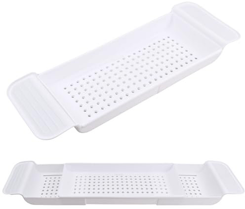 Vassoio per vasca da bagno con design di scarico, in plastica espandibile, per bicchieri da vino, tablet, aromaterapia, pettini, candele, prodotti da bagno (Bianco)