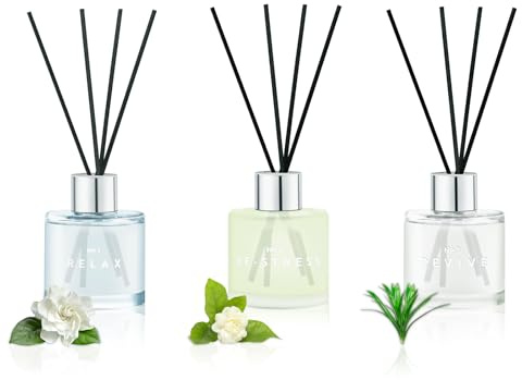 DIUFJAG Raumduft Reed Diffuser 3 x 50ml Mit 12 Duftstäbchen Gardenie/Jasmin/Zitronengras,Natürlich, Home Duft Raumdüfte Lufterfrischer für Schlafzimmer Büro Badezimmer Regal