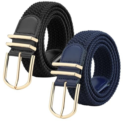 WERFORU Unisex Geflochtener Elastischer Gürtel 2 Stücke Stretch Gürtel für Männer und Frauen Verstellbarer Stoffgürtel für Jeans und Hosen Schwarz+Blau