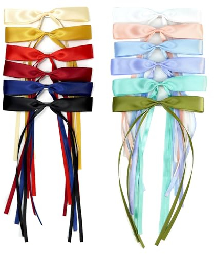 SINNKY 12 PCS Hair Bows for Women, Hair Ribbon with Long Tail Riboon Hair Clips for Women Girls, Hair Barrettes with Bow Accessorie Clips (multicolor)