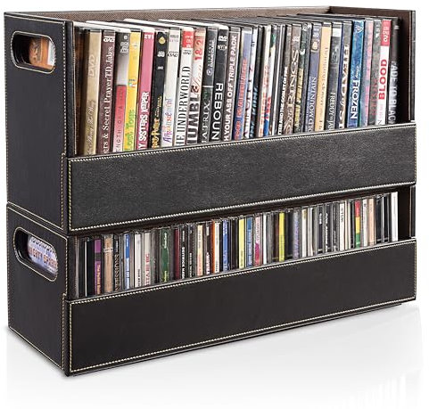 Faux Leather DVD & CD Storage Box - Movie Shelf Organizer for Blu-Ray, Video Game Cases, VHS Tape Display Stand, Disc Holder Can Store Up to 28 DVDs & 40 CDs