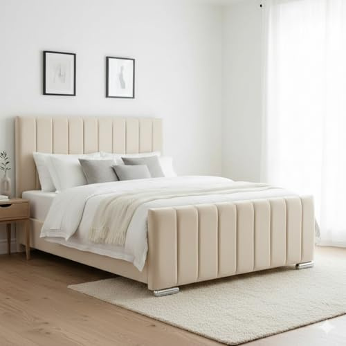 A.H Beds Luxury Plush Line Panel Upholstered Bed Frame with Headboard & Footboard – Without Ottoman Gas Lift & Without Mattress -Available in
