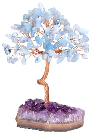 CrystalTears Aquamarine Crystal Tree - Handmade Wire Wrapped Healing Gemstone Money Tree Life for Home Office Desk Decor, Positive Energy - Crystal Gifts for Women Mum Men Christmas