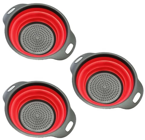Surwin Faltbar Seiher, Faltbarer Seiher Sieb 3 Set, Faltbare schüssel, Faltbare spülschüssel Camping Silikon, Klappbar Küchensieb Abwaschschüssel für Nudeln, Obst, Gemüse (Rot,36cm)