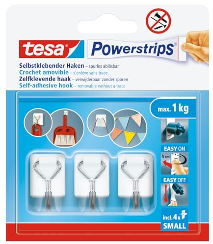 tesa Powerstrips Klebehaken Small - 3 x Haken, 4 x Powerstrips, Weiß | Selbstklebende Wandhaken mit abnehmbarem Drahthaken - bis zu 1 kg Haltekraft - zur Montage ohne Bohren - für Bad oder Küche