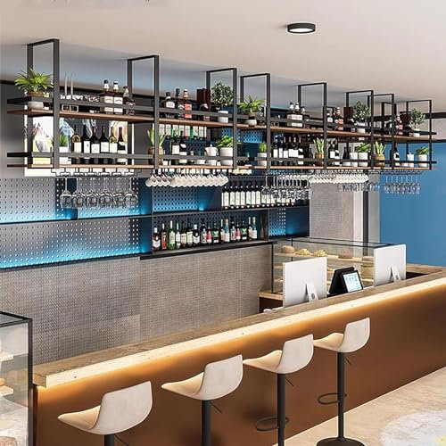 AEGCAOJH Schwarzes Weinregal, an der Decke hängender Weinflaschenhalter, 2-stufiges Weinflaschen-Lagerregal mit Leitplanke, an der Wand montierte schwebende Metallregale für Bar, Café, Küch