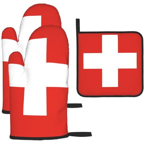 YYHHAOFA Lot de 3 gants de cuisine imperméables et durables pour four et manique - Anti-brûlure et isolation thermique - Motif drapeau suisse