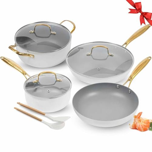 AUDANNE Nonstick Pots and Pans Set 9 Pieces, Non Stick Kitchen Cookware, Cooking Skillets Include Frying Pan with Lid, Saucepan, Casserole, Spoon, Turner Spatula, PFOA Free for Induction, White & Gold