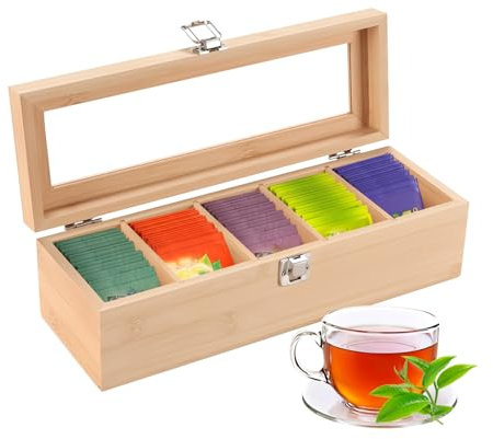 mumisuto Caja para tés de Bambú, Caja de té con 5 Compartimentos, 30 x 10 x 9cm Caja Infusiones con Compartimento Extraíble y Mirilla de Cristal, Diseño de Clip, Sellado, Seco, a Prueba de Polvo