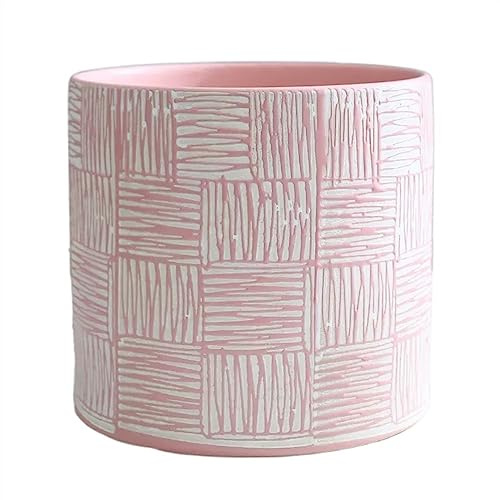 JDSHFEN Macetas para Plantas con patrón de Curva Simple macetas Redondas y Rectas de cerámica para Suelo macetas Grandes para Interiores con Fondo con Orificios de，Rosa-L