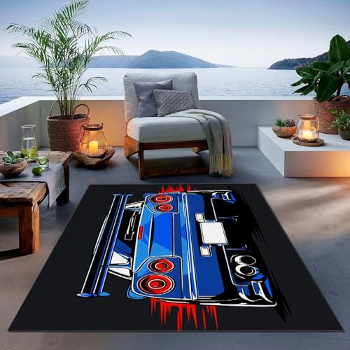 Teppich Kurzflor Weich Blaufür Schlafzimmer Wohnzimmer Esszimmer Kinderzimmer Innen Dekorative Helles Anime-Auto Teppich 140 x 200 cm