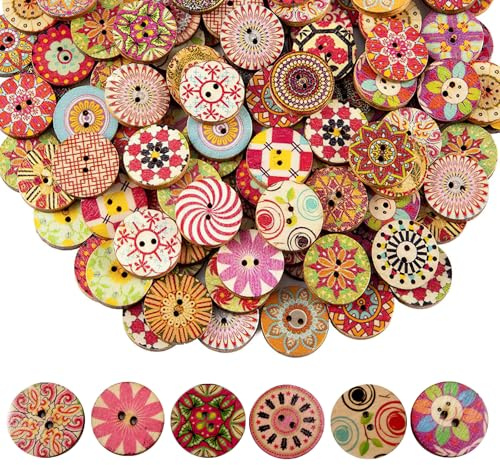 100 Stück Bunte Holzknöpf, Bunte Retro Harz HolzknöPfe, Knöpfe zum Annähen, NäHen KnöPfe Blume Malerei Geometrishes Muster, Mit 2 LöCher für NäHen DIY Basteln Handwerk Deko (15mm)