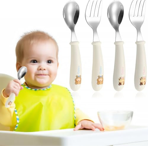 XENQITO 4 Set Kinder und Baby Besteckset, Kinderbesteck Esslernbesteck ab 1 jahr, Silikon Edelstahl Baby Besteckset Löffel Gabel mit Silikon Halten Anti-Choke Design, BPA Frei Lernbesteck