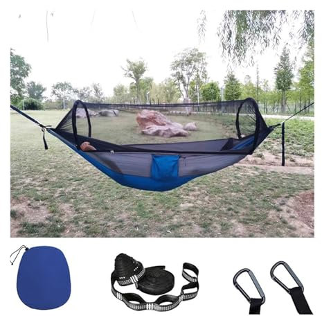 SRKATI Hamac de Jardin Hamaca Doble para Acampar con mosquitera, Hamaca portátil emergente, hamacas de paracaídas con Correas para árboles(Blue and Black)