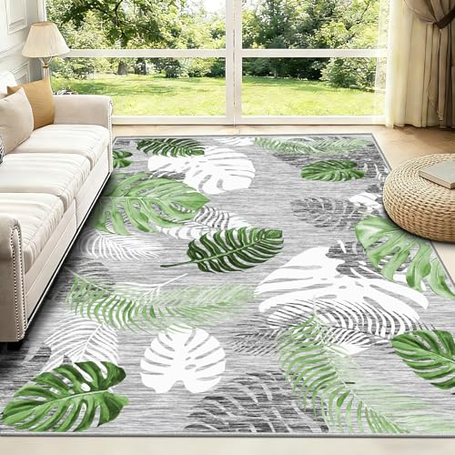 FTCJWL Teppich Grün Kurzflor,Waschbarer Teppich Wohnzimmer 140x200cm,Weich rutschfest Groß Tepich mit Blattmuster Rugs for Living Room Schlafzimmer Esszimmer Kinderzimmer Teppiche Büro