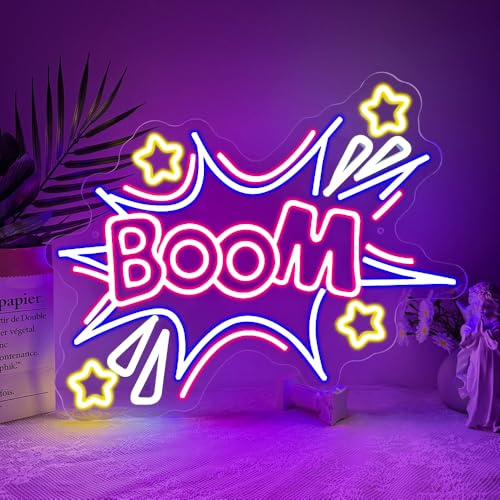 Boom Neon Schild,Bunte Boom Led Schilder Wand Deko für Spielzimmer Schlafzimmer Club Party Mann Höhle Living Room,Stern Dimmbare Neon Sign Geschenk für Teenager Männer Frauen USB Powered（12.4*16.7）