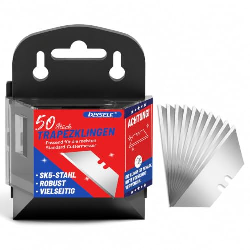 DIYSELF 50 Stück SK5 Trapezklingen, Teppichmesser Klingen für Cuttermesser | Trapezklingen Messer, Cutter Klingen aus 0,6 mm SK5-Stahl; zweifach geschliffen, Spenderbox für Karton, Teppich und PVC