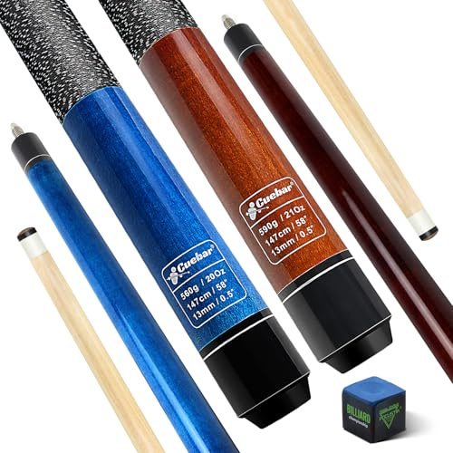 CUEBAR Pool-Queues, 2er-Set, 147,3 cm, 2-teilig, Poolsticks für Erwachsene, Ahornholz, Billardqueuestäbchen für Hausbar, 13 mm Spitze, Leinenimitat, 2 verschiedene Farben und Gewichte