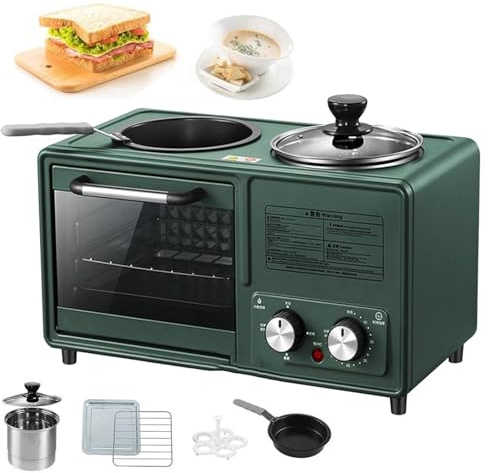 Macchina per la colazione multifunzionale, 4 in 1 stazione macchina per la colazione, padella antiaderente con pentola da cottura da 1,2 litri + 8L area di forno per il campeggio o l'uso domestico