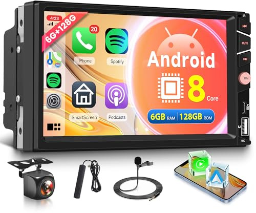 8 Core 6G+128G Android 15 Radio Coche 2 Din con Inalámbrico Carplay Android Auto 4G SIM WiFi BDS GPS Navi 7 Pulgadas Pantalla Táctil Radio Coche con Mirror Link Bluetooth FM/RDS DSP/SWC Cámara Trasera