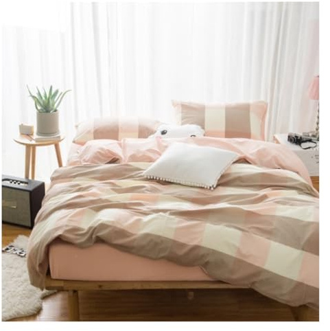Juego de sábanas de algodón de 4 Piezas TFBHL Cotton 4 Piezas con Cubierta de edredón Suave Sencillo patrón de Rejilla Conjunto de Cubierta nórdica (Color: Roze, tamaño: Cama de 1,5 m)
